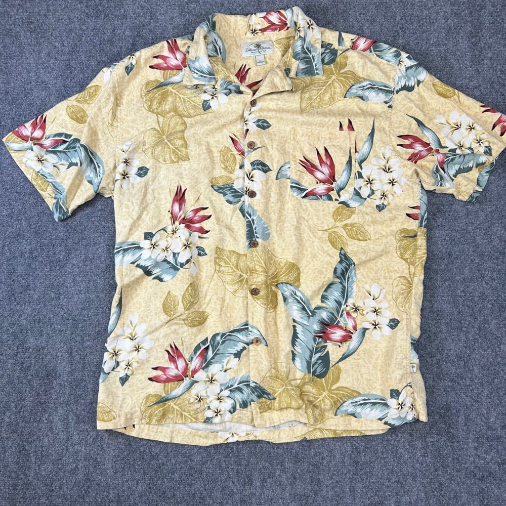 Island Shores Mens XL Washable Silk Tropical Floral Aloha Camp Shirt Hibiscus